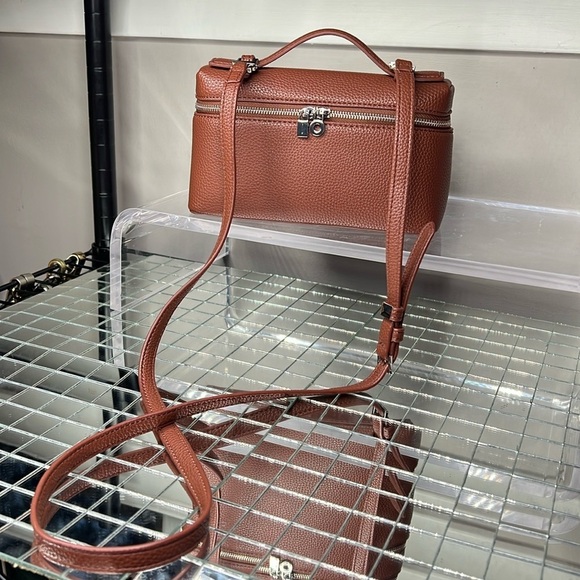 Brown Pebbled Vegan Leather Rice Box Small Crossbody Bag - Picture 2 of 8